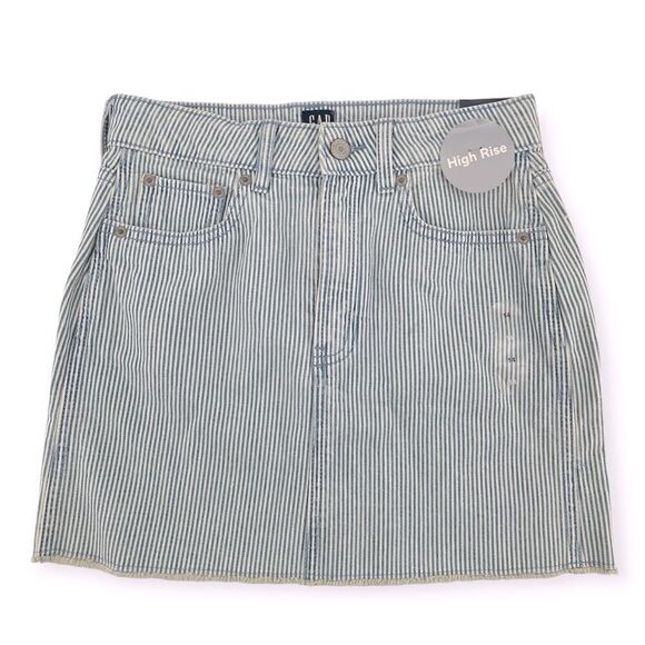 GAP Denim Girl’s High Rise Blue White Railroad Stripe Frayed Hem Denim Skirt 14 - Picture 1 of 15